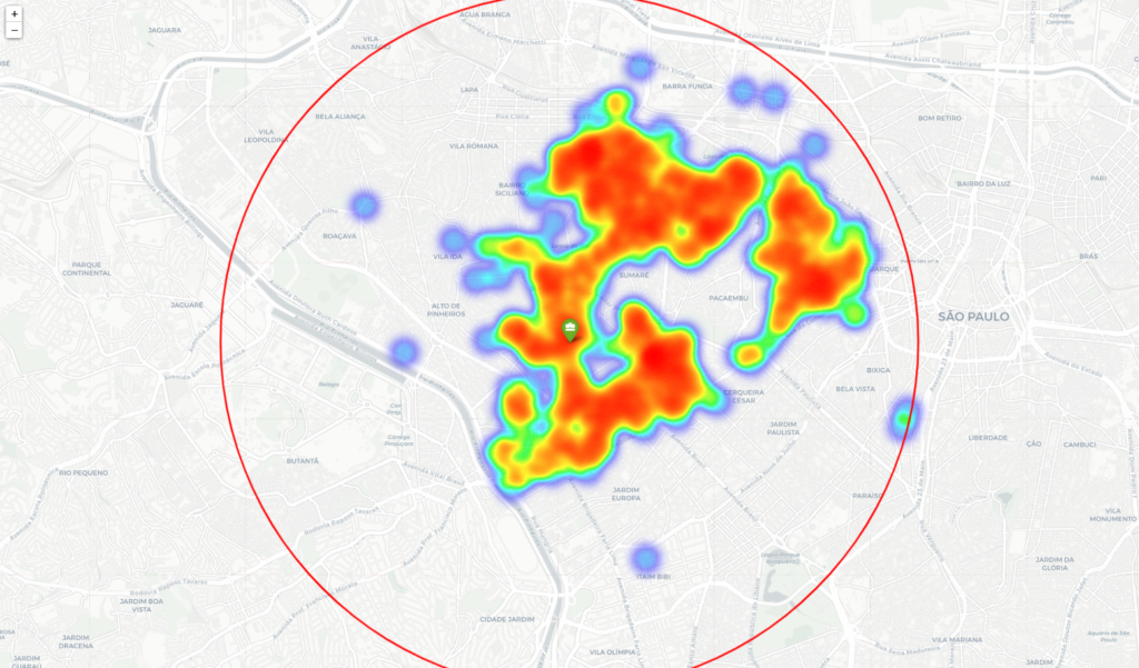 5km radius of apartments in a heatmap from our workplace